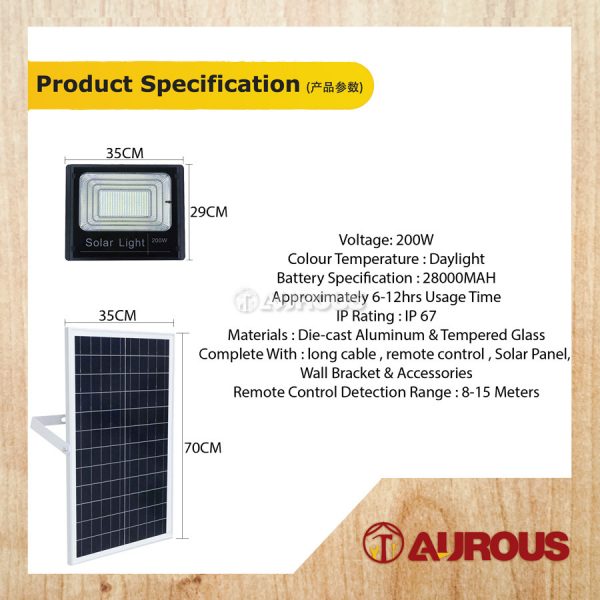 SOLAR LED FLOOD LIGHT C/W SOLAR PANEL 200W IP67 WITH REMOVE CONTROL WATERPROOF - Image 6