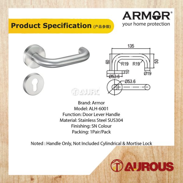 ARMOR LEVER HANDLE HOLLOW SUS304 S/STEEL ALH-6001 (HANDLE ONLY) - Image 2