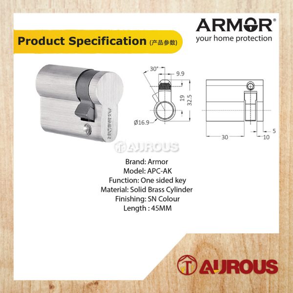 ARMOR EURO PROFILE ONE SIDED KEY CYLINDER APC-AK45MM/SN (HALF CYLINDER WITH KEY) - Image 5