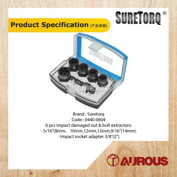 SURETORQ 6PCS IMPACT DAMAGED NUT & BOLT EXTRACTOR WITH 3/8'' ADAPTOR SET (0440-0604) - Image 5