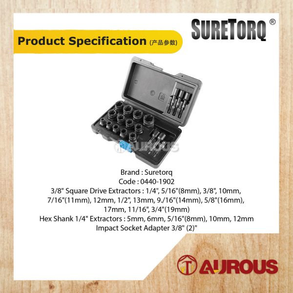19PCS IMPACT DAMAGED NUT & BOLT EXTRACTOR WITH 3/8'' ADAPTOR SET (0440-1902) - Image 6