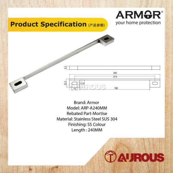ARMOR STAINLESS STEEL SUS 304 REBATED PART FOR MORTISE LOCK STRIKER PLATE MORTISE (ARP-A240MM) - Image 2