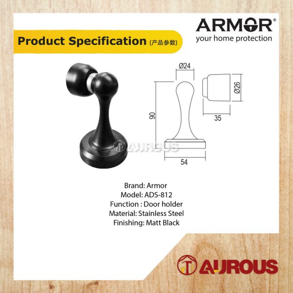 ARMOR MAGNETIC STAINLESS STEEL DOOR HOLDER ADS-812 MATT BLACK - Image 2