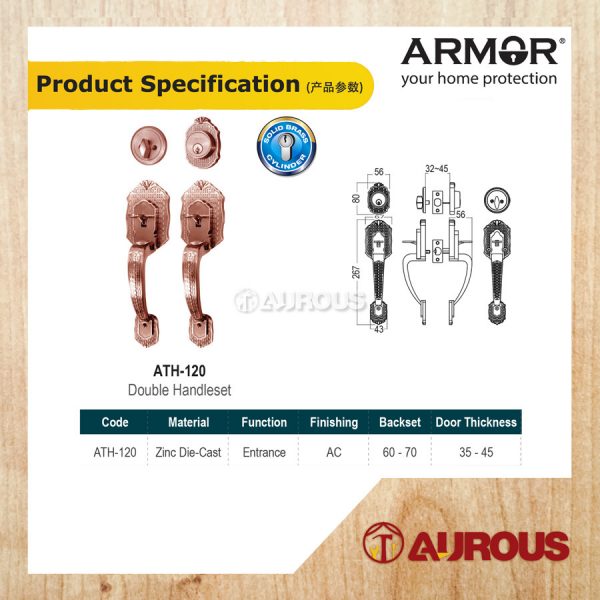 ARMOR DOUBLE DOOR ENTRANCE GRIPSET DOOR HANLE LOCKSET DEADBOLT GRIPSET HANDLE (ATH-120 AC) - Image 3