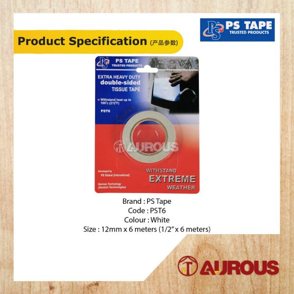 PS TAPE EXTRA HEAVY DUTY DOUBLE SIDED TISSUE TAPE WITHSTAND HEAT UP TO 100 DEGREE (12MM X 6 METER) PST6 - Image 3
