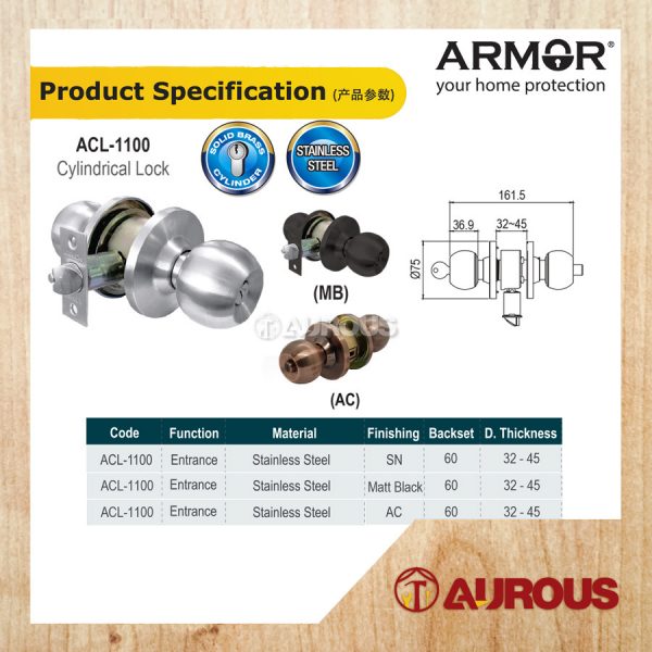 ARMOR STAINLESS STEEL SUS304 CYLINDRICAL LOCK ENTRANCE DOOR LOCK TOMBOL PINTU ACL-1100 ( SS/AC/MB) - Image 6
