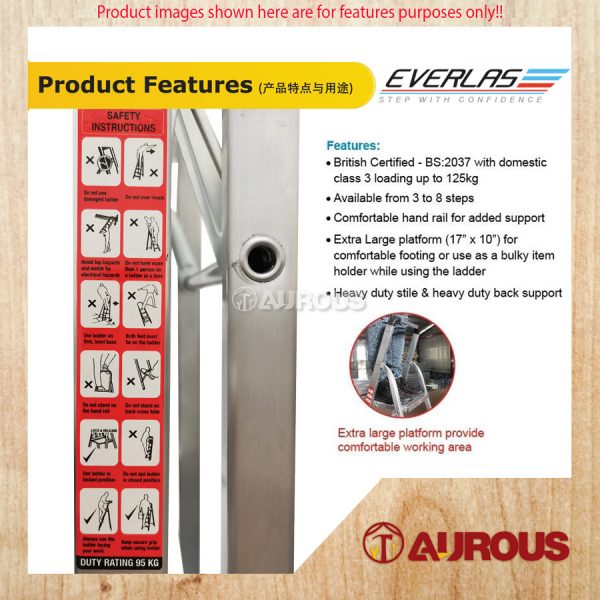 EVERLAS LIGHTWEIGHT HEAVY DUTY SINGLE SIDED PLATFORM ALUMINIUM LADDER 7 TO 8 STEPS (WEIGHT CAPACITY UP TO 125KG) - Image 6