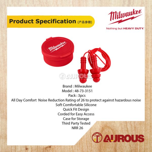 MILWAUKEE SAFETY REUSABLE CORDED EAR PLUG (RUBBER TYPE) 3 PAIR PER PACK (48-73-3151) - Image 4
