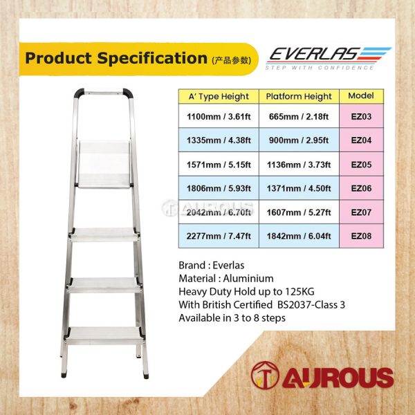 EVERLAS LIGHTWEIGHT HEAVY DUTY SINGLE SIDED PLATFORM ALUMINIUM LADDER 7 TO 8 STEPS (WEIGHT CAPACITY UP TO 125KG) - Image 5