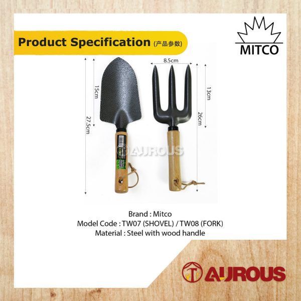 MITCO GARDENING TOOLS MINI STEEL SHOVEL / FORK WITH WOOD HANDEL (TW07 / TW08) - Image 7