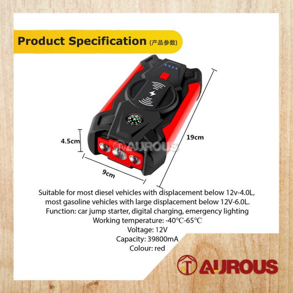 DIGITAL MULTIFUNCTION CAR POWER BANK JUMP STARTER WIRELESS CHARGING WITH PUMP COMPRESSOR SET 39800mAh - Image 5