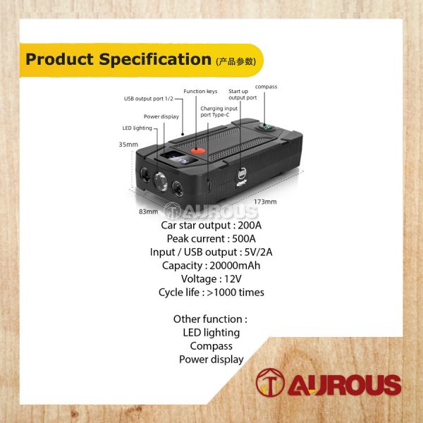 PORTABLE DIGITAL MINI MULTIFUNCTION CAR JUMP STARTER CHARGE POWER BANK WITH 2 USB PORT 20000mAh [BLACK] - Image 7