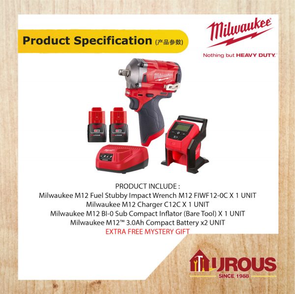 MILWAUKEE M12 FIWF12-302C FUEL STUBBY IMPACT WRENCH + M12 BI-0 SUB COMPACT INFLATOR - Image 4