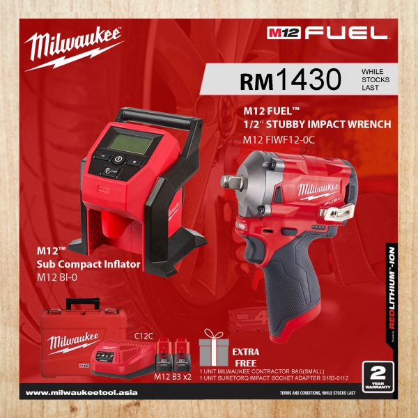MILWAUKEE M12 FIWF12-302C FUEL STUBBY IMPACT WRENCH + M12 BI-0 SUB COMPACT INFLATOR