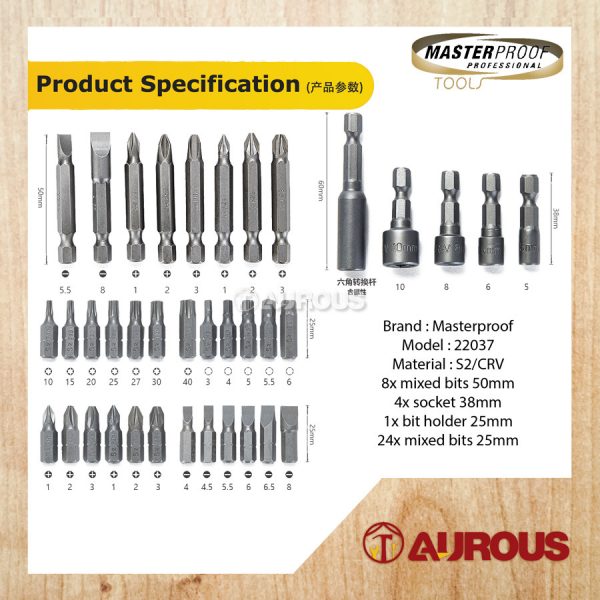 MASTERPROOF 37PCS IMPACT SCREW BIT SET & DRIVER NUT SETTER HEADSETS (22037-1) - Image 5