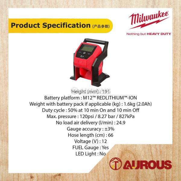 MILWAUKEE CORDLESS BATTERY M12 SUB COMPACT INFLATOR M12 BI-0 (BARE TOOL) - Image 5