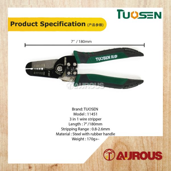 TUOSEN MULTIFUNCTIONAL 3 IN 1 WIRE STRIPPER PLIER 7''/180MM (11451) - Image 6