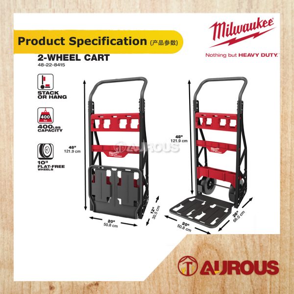 MILWAUKEE PACKOUT 2 WHEEL CART FOLDABLE TROLLEY 182KG CAPACITY 10'' WHEEL (48-22-8415) - Image 6