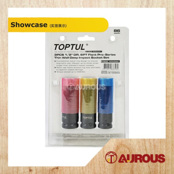 TOPTUL 3PCS 1/2" DR. 6PT FLANK PRO-SERIES THIN WALL DEEP IMPACT AUTOMOTIVE SPANNER SOCKET SET 17, 19, 21MM (GDAS0301) - Image 5
