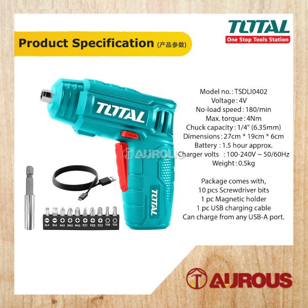TOTAL LI-ION CORDLESS SCREWDRIVER 1/4'' 4V (TSDLI0402) - Image 6