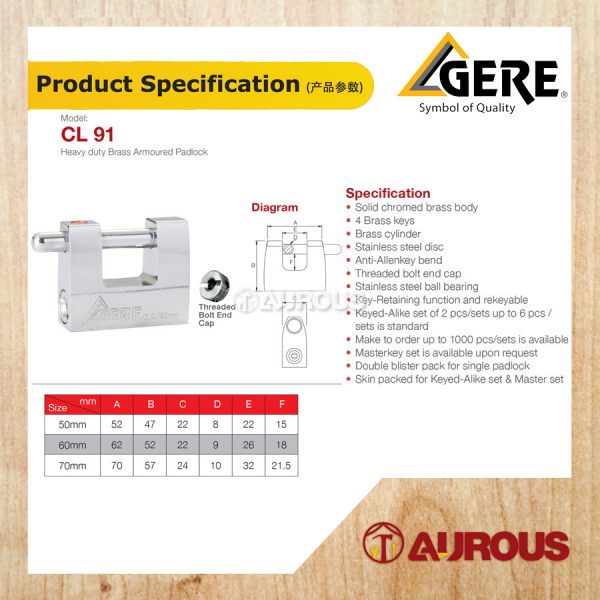 GERE GRANIT HEAVY DUTY AMOURED BRASS PADLOCK CL91 (60MM/70MM) - Image 5