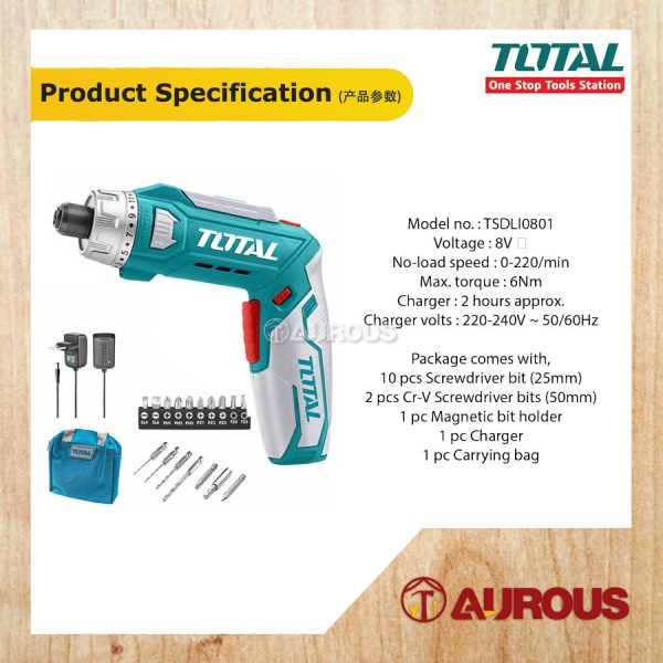 TOTAL LI-ION CORDLESS SCREWDRIVER 8V (TSDLI0801) - Image 5