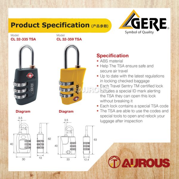 GERE 3 DIGIT TSA TRAVEL LUGGAGE LOCK CL32 (359-YELLOW / 335-BLACK) - Image 4