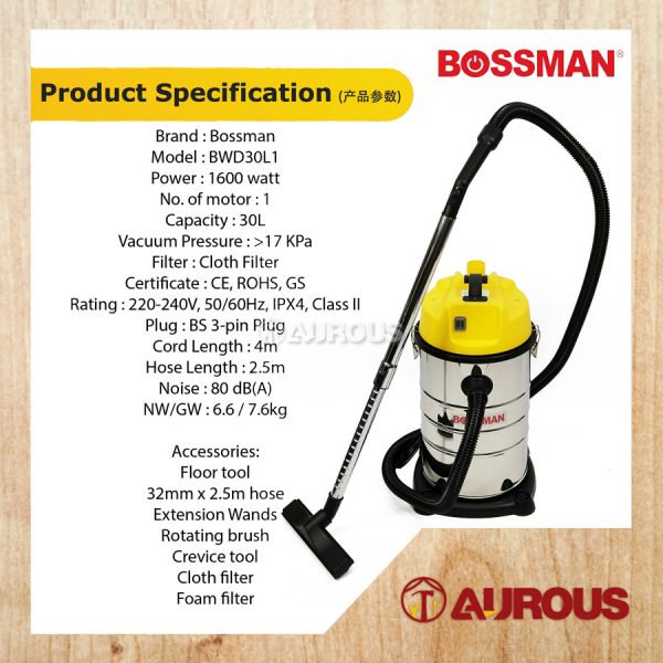 BOSSMAN HEAVY DUTY INDUSTRIAL WET & DRY STAINLESS STEEL VACUUM CLEANER 1500W 30LITRE (BWD30L1) - Image 6