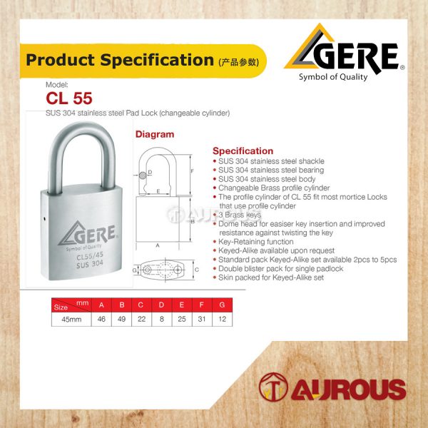 GERE GRANIT SUS304 PADLOCK KEY ALIKE CL55 45MM (2PCS/3PCS/4PCS/5PCS) - Image 5
