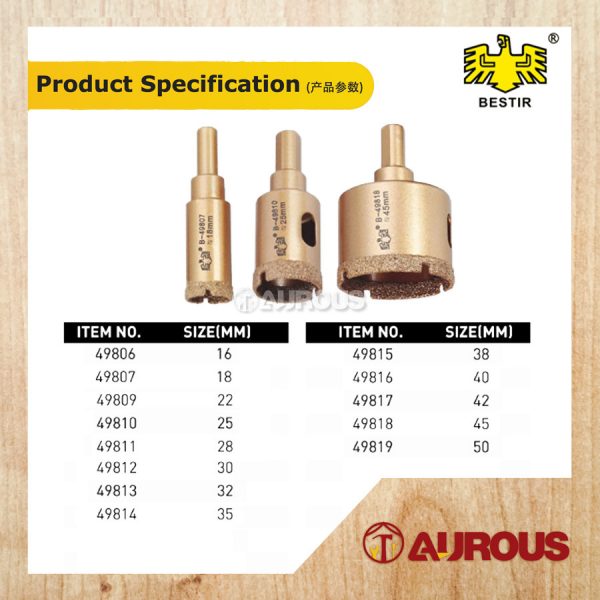 BESTIR DIAMOND CORE GLASS BIT HOLE SAW/SOKET PEMOTONG JUBIN (8MM-50MM) - Image 3