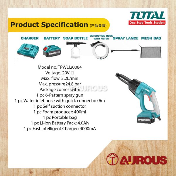 TOTAL CORDLESS PRESSURE WASHER 20V TPWLI20084 C/W BATTERY 4.0AH AND CHARGER - Image 7