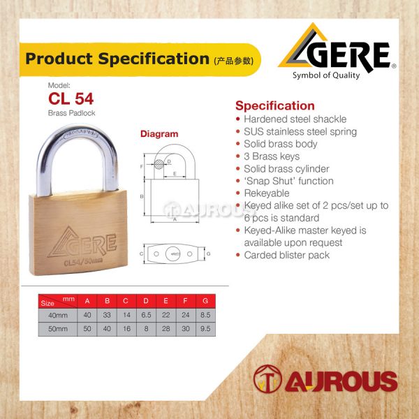 GERE SUS304 SOLID BRASS PADLOCK CL54 (40MM/50MM) - 1 PIECE - Image 5