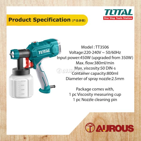 TOTAL CORDED SPRAY GUN COMPRESSOR SET 450W 800ML WITH 1.5MM BRASS NOZZLE (TT3506) - Image 6
