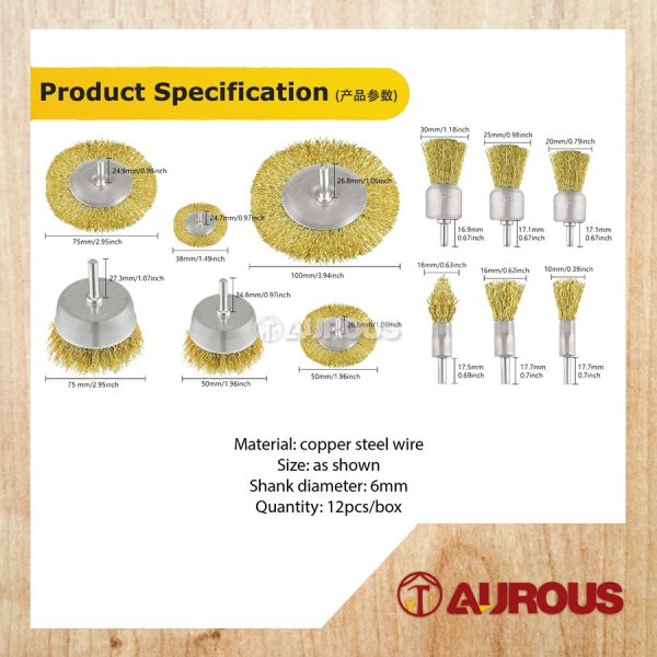 12PCS SET COPPER STEEL WIRE MINI CUP BRUSH STRAIGHT BRUSH WHEEL BRUSH (6MM SHANK) - Image 4