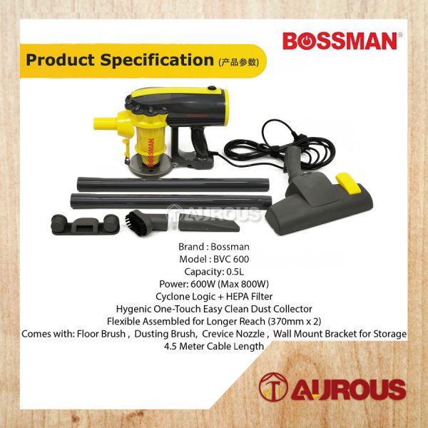 BOSSMAN CORDED PORTABLE HAND-HELD DRY VACUUM CLEANER 600-800W (BVC 600) - Image 6