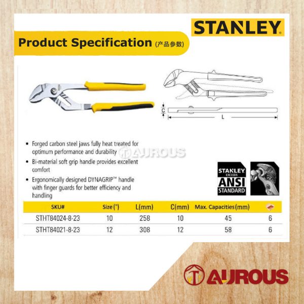 STANLEY GROOVE JOINT PLIER C/W BI-MATERIAL HANDLE (10" 84-024 / 12"/84-021) - Image 6