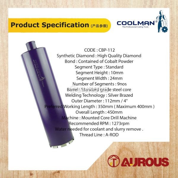 COOLMAN®️ 4" DIAMOND CORE BIT CBP ECOSMART A-ROP THREAD 112MM X 450MM (CBP-112) - Image 4