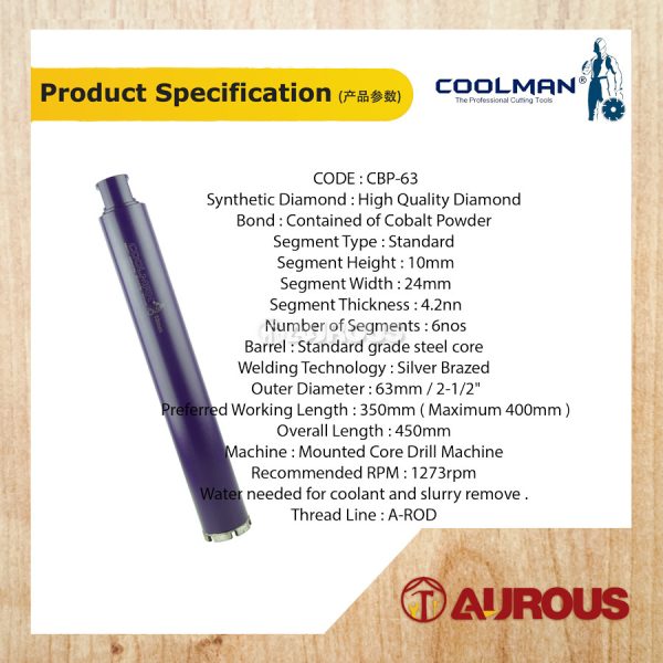 COOLMAN®️ 2 1/2" DIAMOND CORE BIT CBP ECOSMART A-ROP THREAD 63MM X 450MM (CBP-63) - Image 4