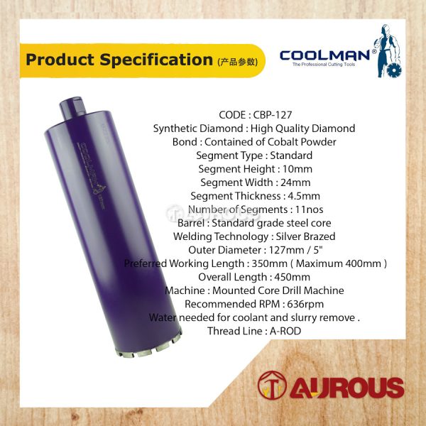 COOLMAN®️ 5" DIAMOND CORE BIT CBP ECOSMART A-ROP THREAD 127MM X 450MM (CBP-127) - Image 4