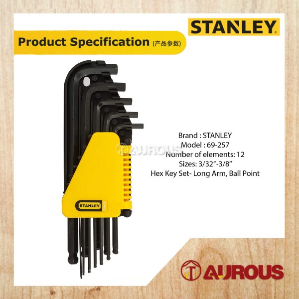 STANLEY LONG ARM 12PCS HEX KEY SET BALL TIPS 69-257 (3/32"-3/8") - Image 5