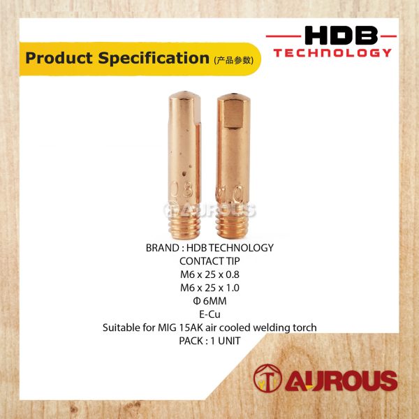 HDB TECHNOLOGY WELDING MB CONTACT TIP MIG 15AK M6x25 DIA.6MM (0.8MM/1.0MM) - Image 5