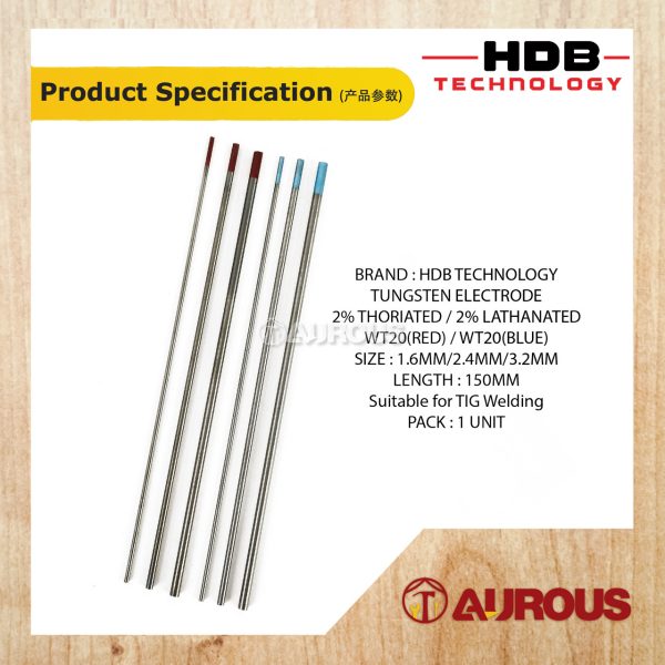 HDB TECHNOLOGY WELDING WT20 TUNGSTEN ELECTRODE FOR TIG WELDING 1.6MM/2.4MM/3.2MM (BLUE/RED) - 1 UNIT - Image 5