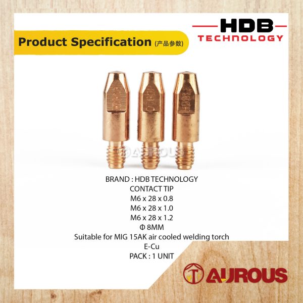 HDB TECHNOLOGY WELDING MB CONTACT TIP MIG 24KD/25AK/26KD M6x28 DIA.8MM (0.8MM/1.0MM/1.2MM) - Image 6