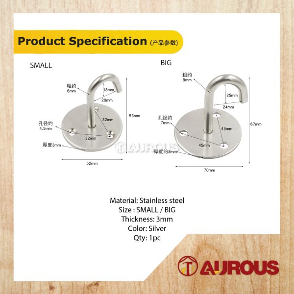 STAINLESS STEEL WALL MOUNT CEILING HOOK HANGER J HOOK WITH ROUND BASE / 3 JAW TYPE BRACKET - Image 7