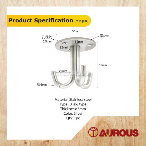 STAINLESS STEEL WALL MOUNT CEILING HOOK HANGER J HOOK WITH ROUND BASE / 3 JAW TYPE BRACKET - Image 6