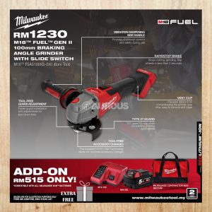 MILWAUKEE M18 FUEL 4" 100MM BRAKING ANGLE GRINDER RAPID STOP WITH SLIDE SWITCH M18 FSAG100XB-0X0 (BARE TOOL)
