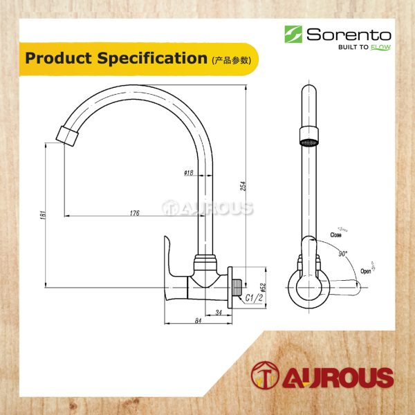 SORENTO WALL MOUNTED KITCHEN TAP SINK WATER TAP (SRTWT5847-FRG SRTWT5847-RG) - Image 4