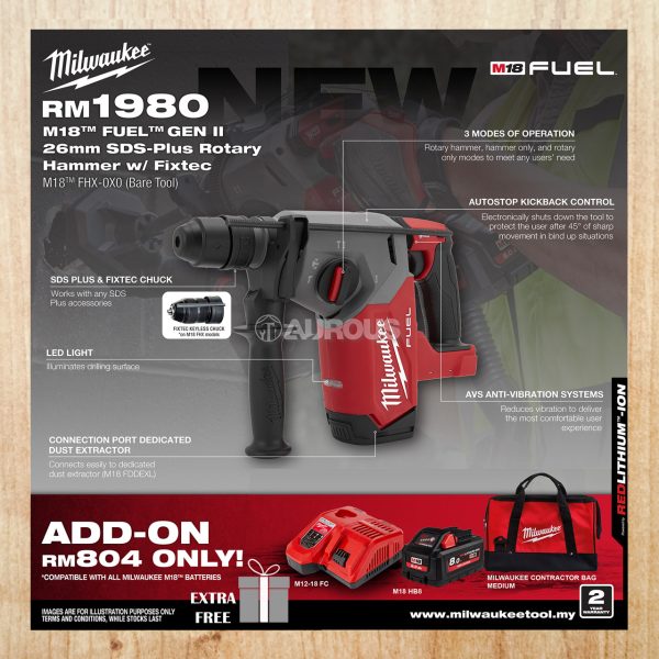MILWAUKEE GEN II FUEL 3 IN 1 26MM SDS-PLUS ROTARY HAMMER W/FIXTEC M18 FHX-0X0 (BARE TOOL)