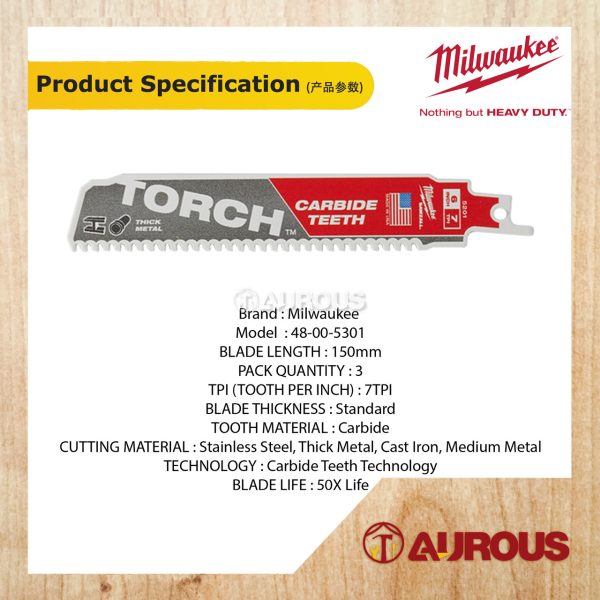 MILWAUKEE TORCH CARBIDE TEETH METAL SAWZALL BLADE 6'' 7TPI 48-00-5301 (3 PCS PACK) - Image 4