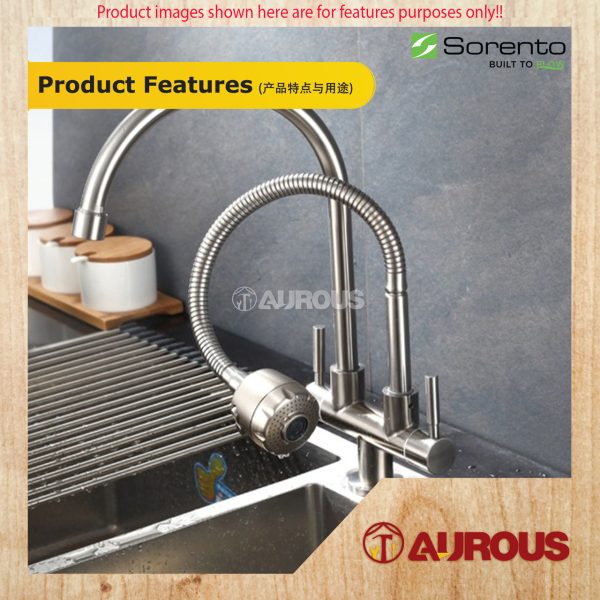 SORENTO STAINLESS STEEL 304 2 WAY PILLAR MOUNTED FLEXIBLE HEAD + SPOUT KITCHEN SINK WATER TAP (SRTKT1866SS) - Image 5